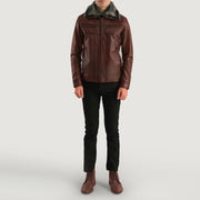 Close-Up Detail of Shirt &amp; Zipper Hardware on Men's Evan Hart Fur Brown Leather Jacket