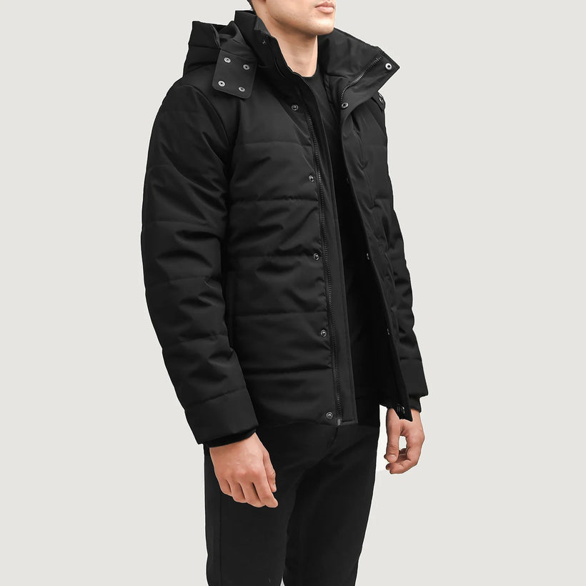Exton Черный Hooded Down Puffer Кожаная куртка для Мужчин