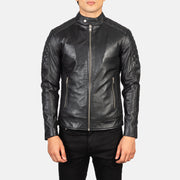 Close-Up Detail of Band Collar &amp; Zipper Hardware on Men's Fernando Quilted Brown Suede Biker Jacket