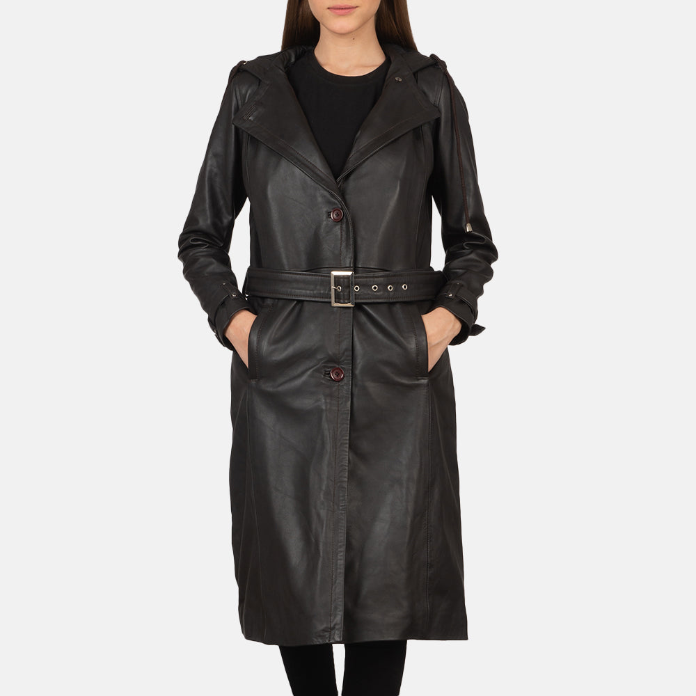 Fixon Hooded Brown Trench Coat in Brown Sheepskin Leather - Вид спереди и приталенный силуэт | Купить в официальном онлайн-магазине