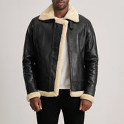 
Francis B-3 Black Leather Bomber Jacket in Black Sheepskin Leather - Вид спереди и приталенный силуэт | Купить в официальном онлайн-магазине