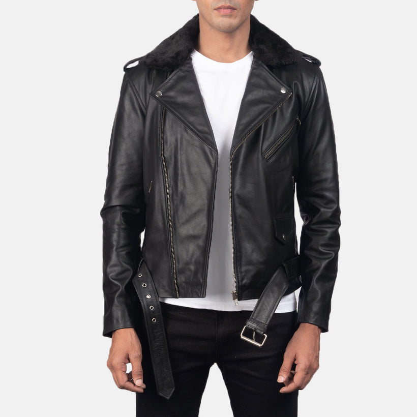 Men's Furton Black Leather Biker Jacket in Black Cowhide Leather - Front Profile View & Tailored Silhouette | Buy Online