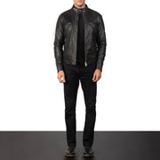 Men's Gatsby Quilted Black Leather Biker Jacket - Lateral Side Profile View Showing Sleeve Cut &amp; Athletic Taper Fit