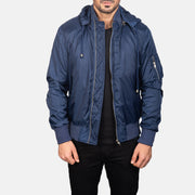 
Blue Hooded Bomber Jacket in Blue Nylon - Вид спереди и приталенный силуэт | Купить в официальном онлайн-магазине