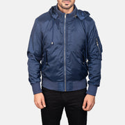 
Крупный план деталей of Knit Rib with Removable Nylon Hood & Zipper Hardware on Blue Hooded Bomber Jacket