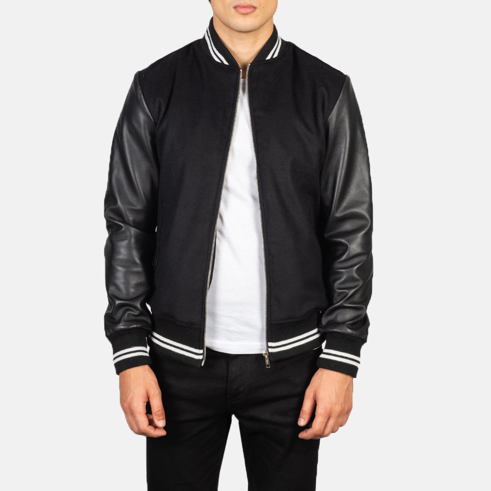 Harrison Black Hybrid Varsity Jacket in Black Sheepskin Leather - Front Profile View &amp; Tailored Silhouette | Buy Online