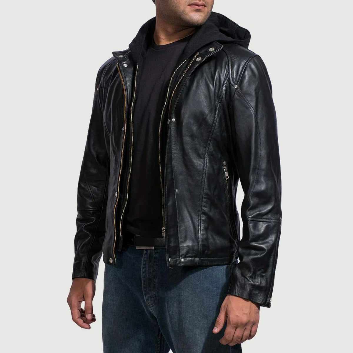 
Black Cowhide Leather Hooded Jacket - Вид сзади, подчеркивающий посадку по плечам и ровный край