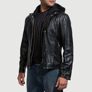 
Black Cowhide Leather Hooded Jacket - Вид сзади, подчеркивающий посадку по плечам и ровный край