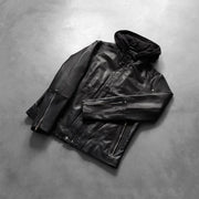 
Как выглядит на человеке:  Highschool Black Leather Jacket на модели — естественные складки при дневном свете