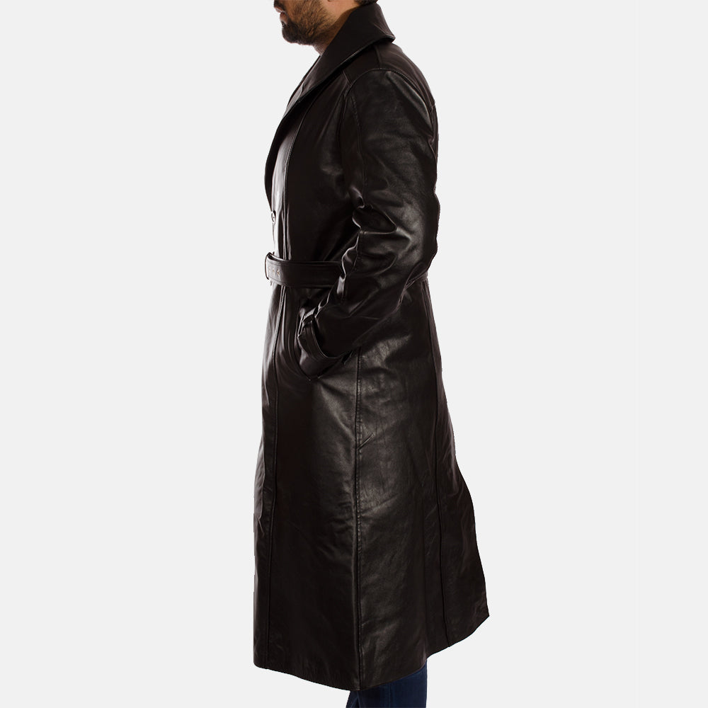 
Крупный план деталей of Notch & Button & Waist belt Hardware on Hooligan Черный Кожаный тренчкот для Мужчин