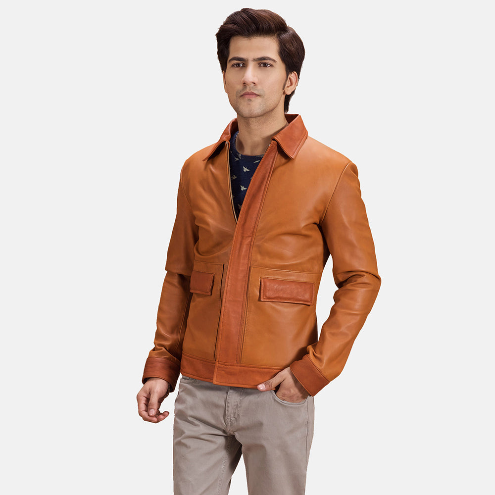 
Hubert Рыжий Коричневый Кожаная куртка для Мужчин in Tan Brown Sheepskin Leather - Вид спереди и приталенный силуэт | Купить в официальном онлайн-магазине