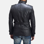 Close-Up Detail of Band with buckle closure &amp; Zipper with button flap and waist belt Hardware on Hunter Black Leather Jacket