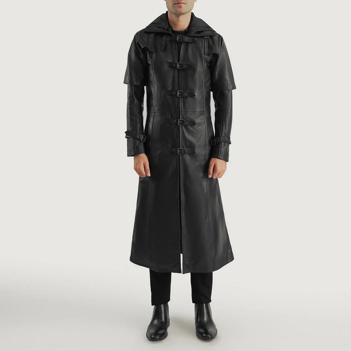 
Huntsman Черный Hooded Кожаный тренчкот для Мужчин - Вид сбоку, демонстрирующий эргономичный крой рукава