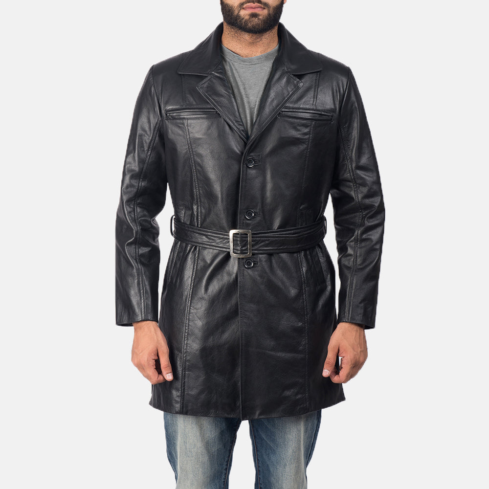 Men's Jordan Black Leather Coat in Black Cowhide Leather - Front Profile View &amp; Tailored Silhouette | Buy Online
