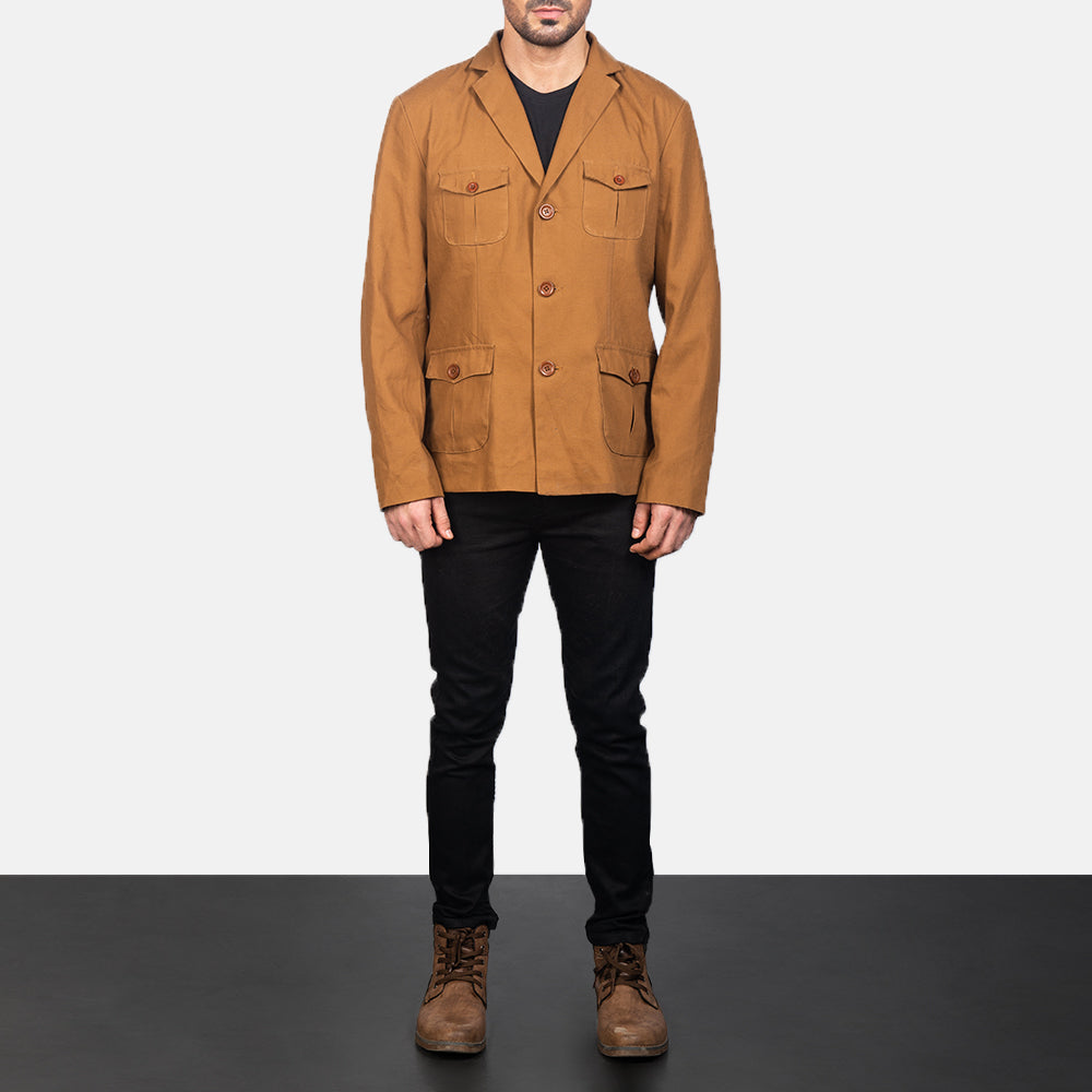 Kajetan Khaki Safari Jacket - Lateral Side Profile View Showing Sleeve Cut &amp; Athletic Taper Fit