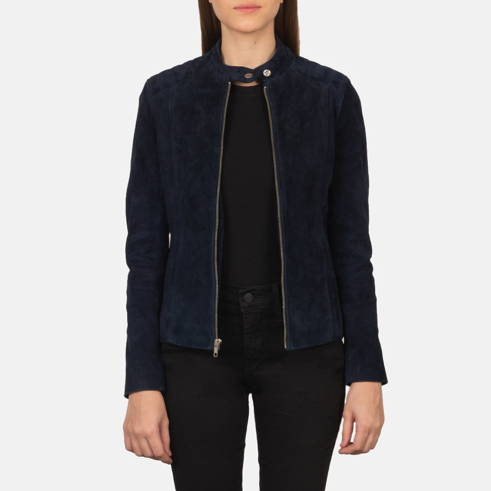 
Kelsee Navy Blue Suede Biker Jacket in Navy Blue Goatskin Suede - Вид спереди и приталенный силуэт | Купить в официальном онлайн-магазине