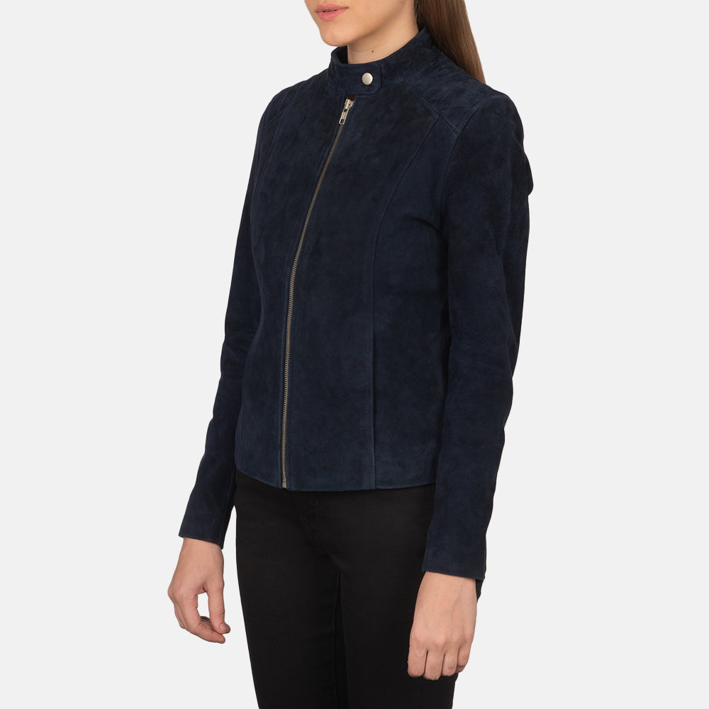
Navy Blue Goatskin Suede Biker Jacket - Вид сзади, подчеркивающий посадку по плечам и ровный край