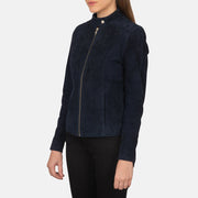 
Navy Blue Goatskin Suede Biker Jacket - Вид сзади, подчеркивающий посадку по плечам и ровный край