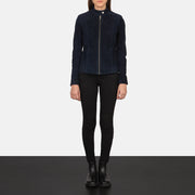 
Kelsee Navy Blue Suede Biker Jacket - Вид сбоку, демонстрирующий эргономичный крой рукава
