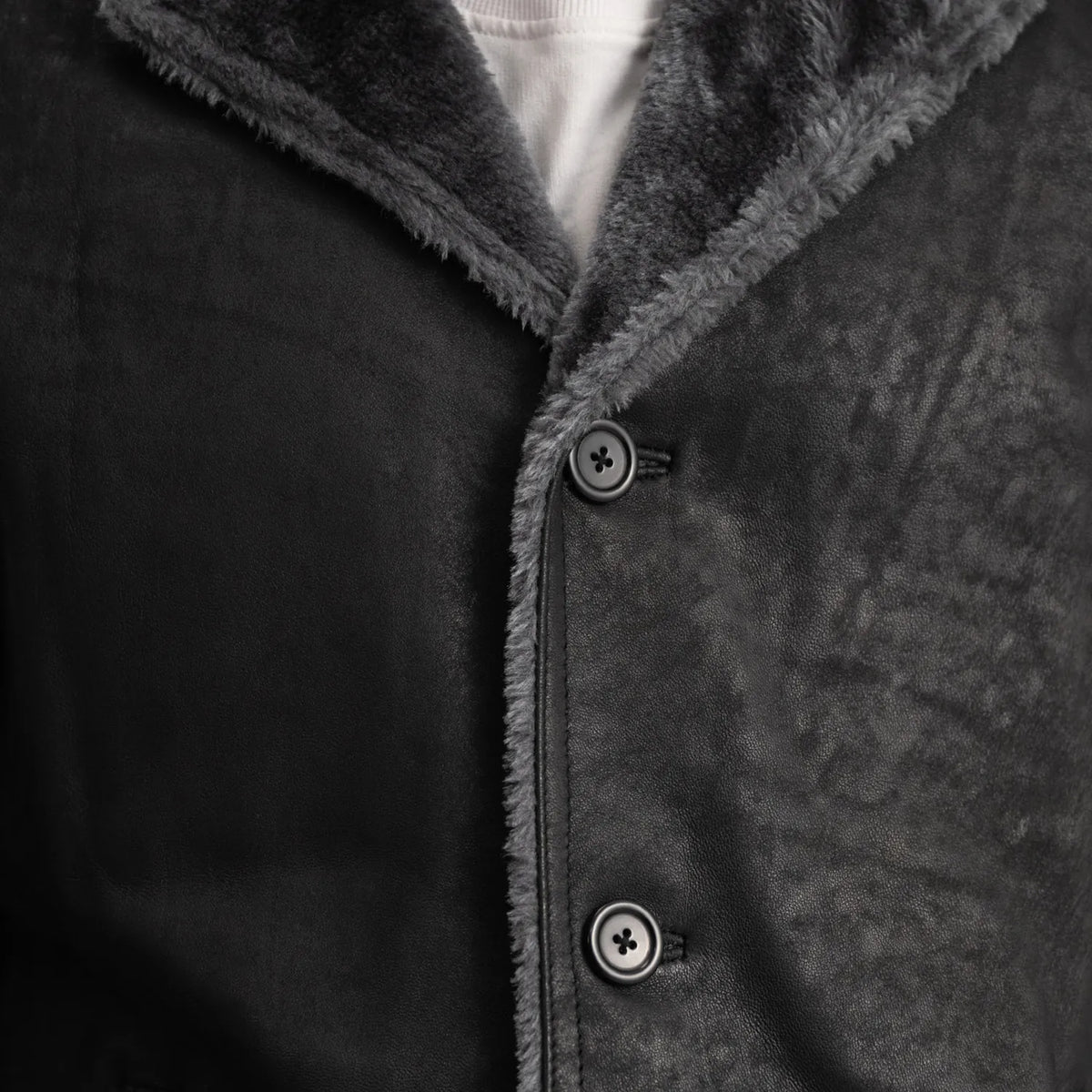 
Крупный план деталей of Notch & Button Hardware on Kolby Distressed Black Shearling Long Coat