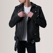 
Kole Distressed Черный Leather Double Rider Кожаная куртка для Мужчин in Distressed Black Sheepskin Snuffed - Вид спереди и приталенный силуэт | Купить в официальном онлайн-магазине