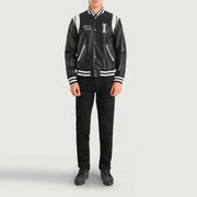Liberte Illinois Black Leather Varsity Jacket - Lateral Side Profile View Showing Sleeve Cut &amp; Athletic Taper Fit