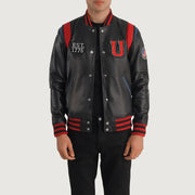 
Liberte USA Black Leather Varsity Jacket in Black Sheepskin Leather - Вид спереди и приталенный силуэт | Купить в официальном онлайн-магазине