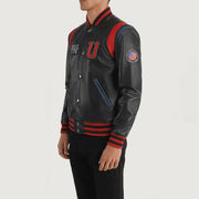 
Black Sheepskin Leather Varsity Jacket - Вид сзади, подчеркивающий посадку по плечам и ровный край