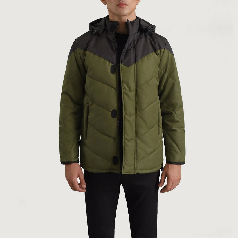 Luka Черный & Оливковый Hooded Puffer Кожаная куртка для Мужчин