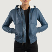 
Luna Blue Hooded Leather Bomber Jacket in Blue Sheepskin Leather - Вид спереди и приталенный силуэт | Купить в официальном онлайн-магазине