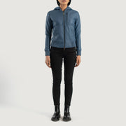 
Luna Blue Hooded Leather Bomber Jacket - Вид сбоку, демонстрирующий эргономичный крой рукава