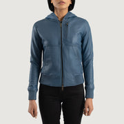 
Крупный план деталей of Hooded & Zipper Hardware on Luna Blue Hooded Leather Bomber Jacket