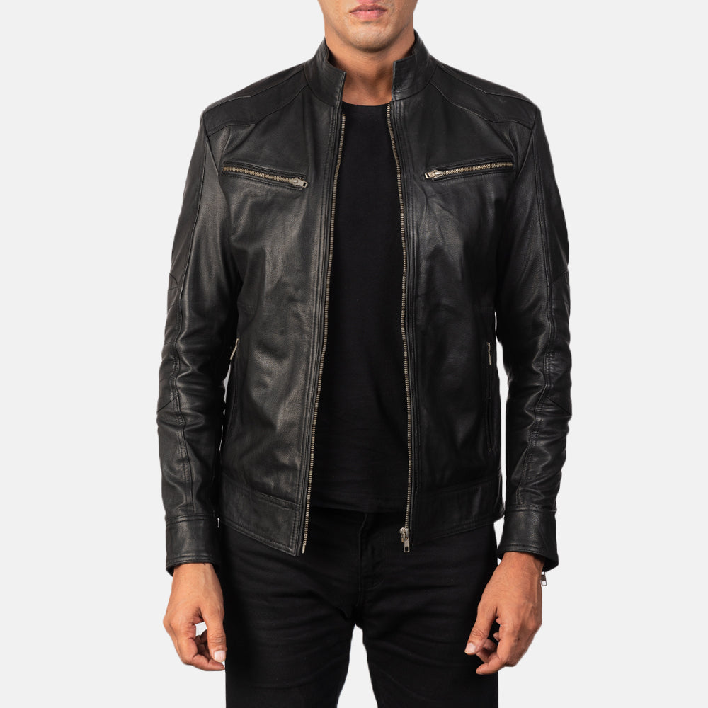 Men's Mack Black Leather Biker Jacket in Black Goatskin Leather - Front Profile View &amp; Tailored Silhouette | Buy Online