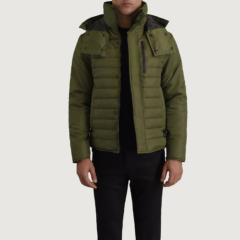 Malcolm Оливковый Hooded Puffer Кожаная куртка для Мужчин