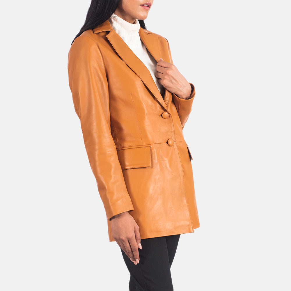 Tan Brown Sheepskin leather Blazer - Back View Showing Tailored Shoulder Fit &amp; Clean Hemline