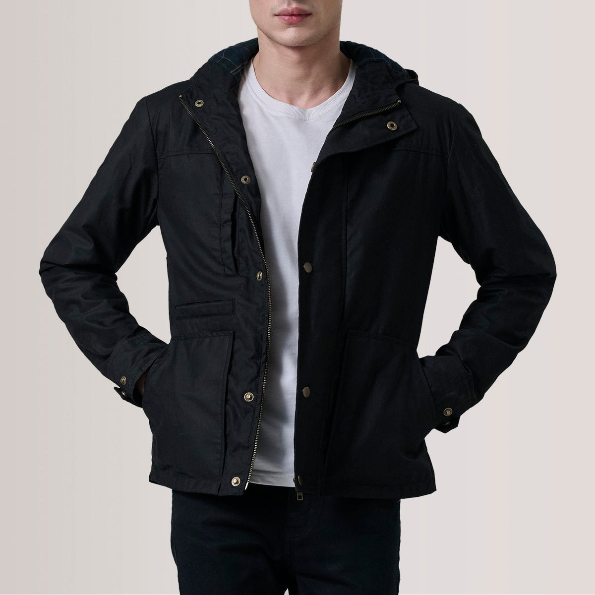 Marlo Black Canvas Hooded Work Jacket For Men in Black Waxed Cotton Canvas - Front Profile View & Tailored Silhouette | Buy Online