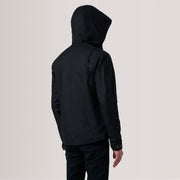 Close-Up Detail of Hooded &amp; Zipper with placket Hardware on Marlo Black Canvas Hooded Work Jacket For Men
