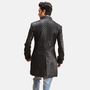 Men's Midlander Quilted Black Leather Coat - Lateral Side Profile View Showing Sleeve Cut &amp; Athletic Taper Fit