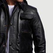 Men's Moulder Hooded Black Leather Jacket - Lateral Side Profile View Showing Sleeve Cut &amp; Athletic Taper Fit