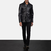 Men's Mr. Bailey Black Leather Naval Peacoat - Lateral Side Profile View Showing Sleeve Cut &amp; Athletic Taper Fit