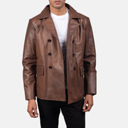 
Крупный план деталей of Notch & Buttons Hardware on Mr. Bailey Коричневый Leather Naval Peacoat для Мужчин