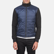 Close-Up Detail of High Neck &amp; Zipper with wind flap Hardware on Men's Nashville Quilted Blue Windbreaker Jacket