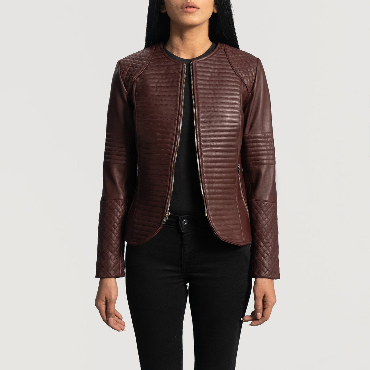 Nexi Quilted Maroon Leather Jacket - Вид сбоку с анатомическим кроем рукава