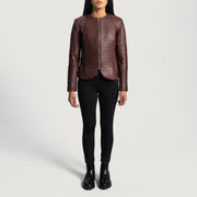 Крупный план деталей of Classic Collar &amp; Zipper Hardware on Nexi Quilted Maroon Leather Jacket