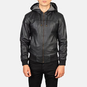 
Крупный план деталей of Hooded & Zipper Hardware on Nintenzo Black Hooded Leather Jacket