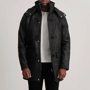 
Nolan Black Snuffed Leather Duffle Coat in Distressed Black Sheepskin Snuffed - Вид спереди и приталенный силуэт | Купить в официальном онлайн-магазине