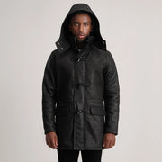 
Крупный план деталей of Band collar & Zipper with Toggle button Hardware on Nolan Black Snuffed Leather Duffle Coat