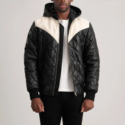 
Norman Tan Hooded Bomber Leather Puffer Jacket in Tan Brown Sheepskin Leather - Вид спереди и приталенный силуэт | Купить в официальном онлайн-магазине