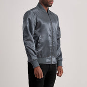 
Grey Satin Bomber Jacket - Вид сзади, подчеркивающий посадку по плечам и ровный край