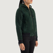 
Green Goatskin Suede Bomber Jacket - Вид сзади, подчеркивающий посадку по плечам и ровный край